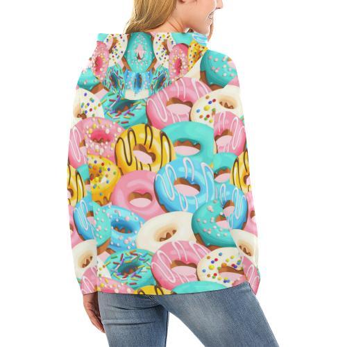 Colorful Donut Pattern Print Women Pullover Hoodie-grizzshop