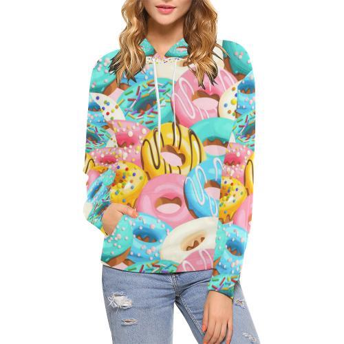Colorful Donut Pattern Print Women Pullover Hoodie-grizzshop