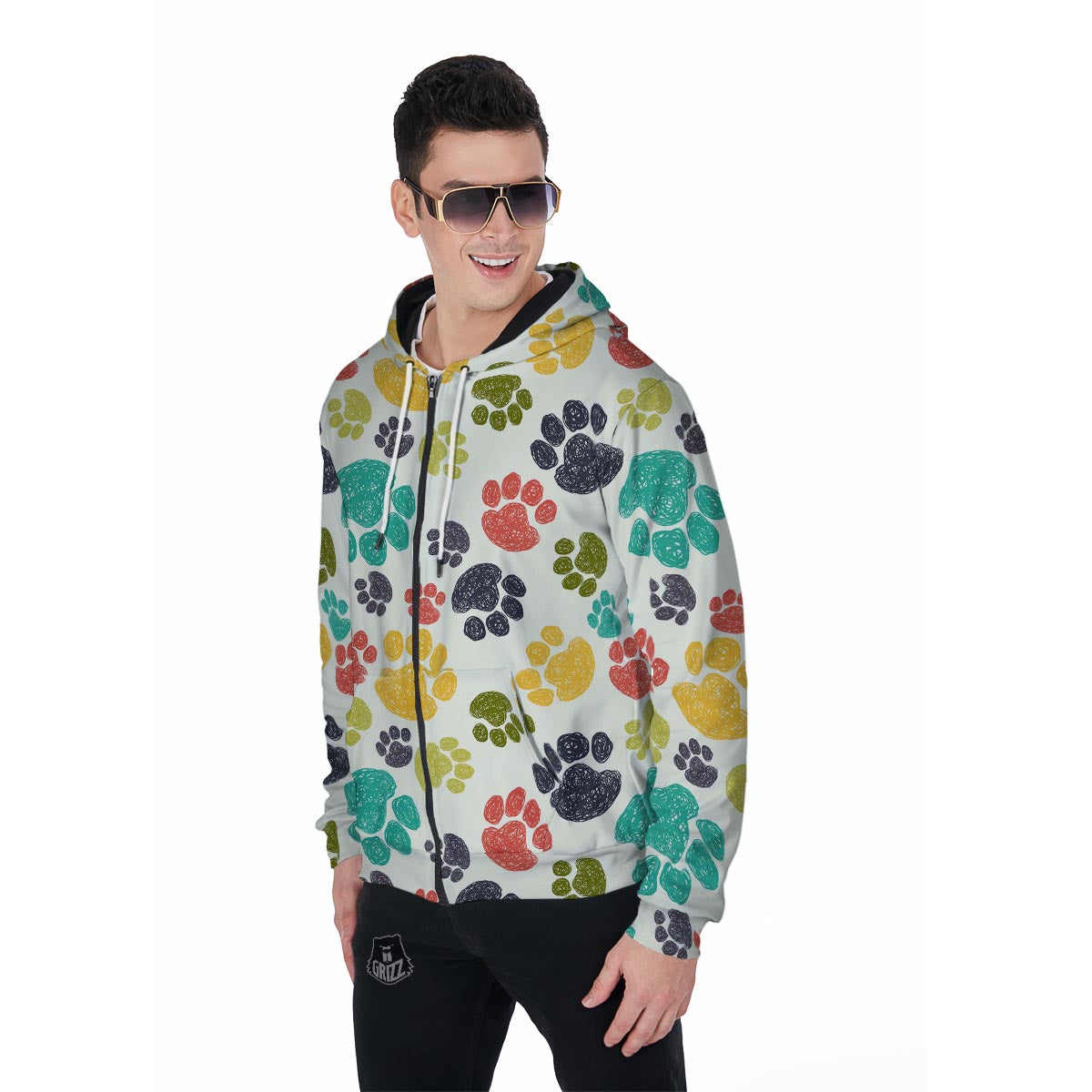 Colorful Doodle Paw Men's Zip Up Hoodie-grizzshop