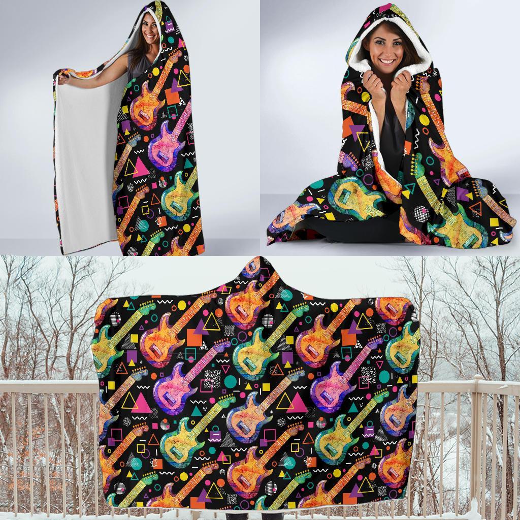 Colorful Electric Guitar Pattern Print Hooded Blanket-grizzshop