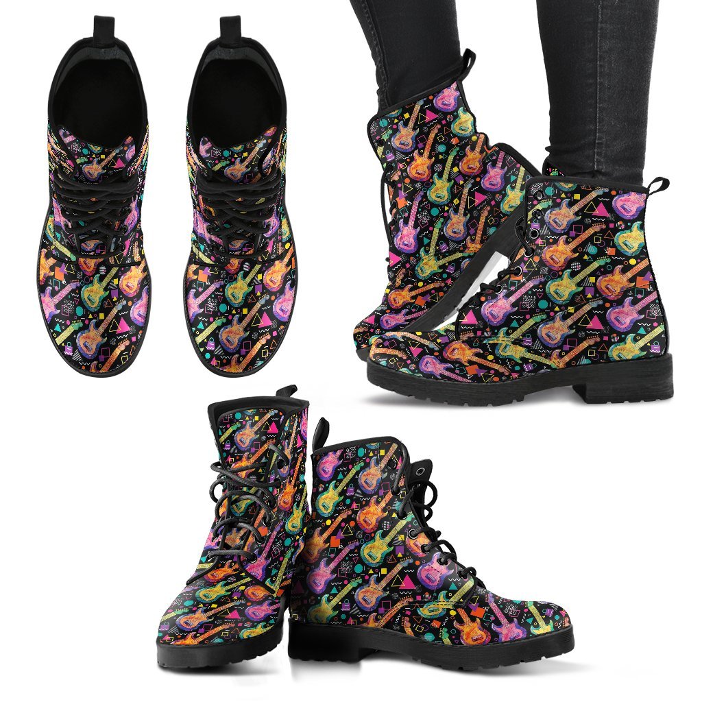 Colorful Electric Guitar Pattern Print Men Women Leather Boots-grizzshop