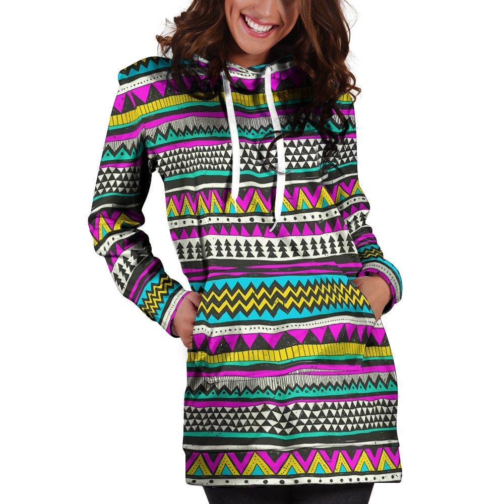 Colorful Indian Aztec Doodle Triangles Hoodie Dress-grizzshop