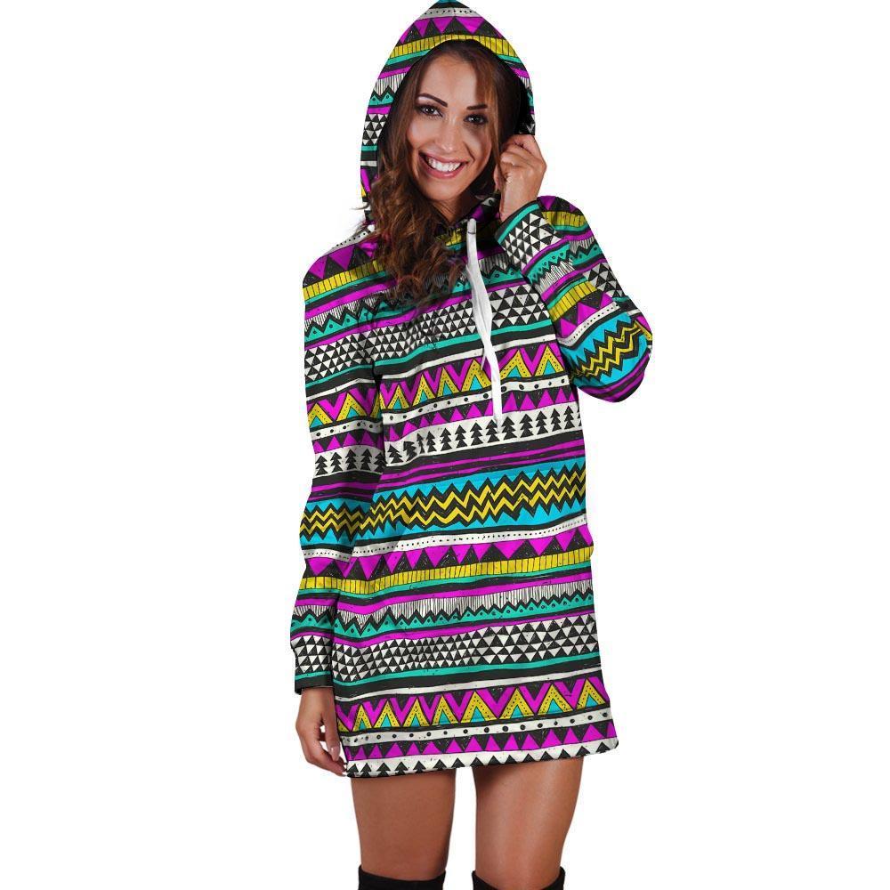 Colorful Indian Aztec Doodle Triangles Hoodie Dress-grizzshop