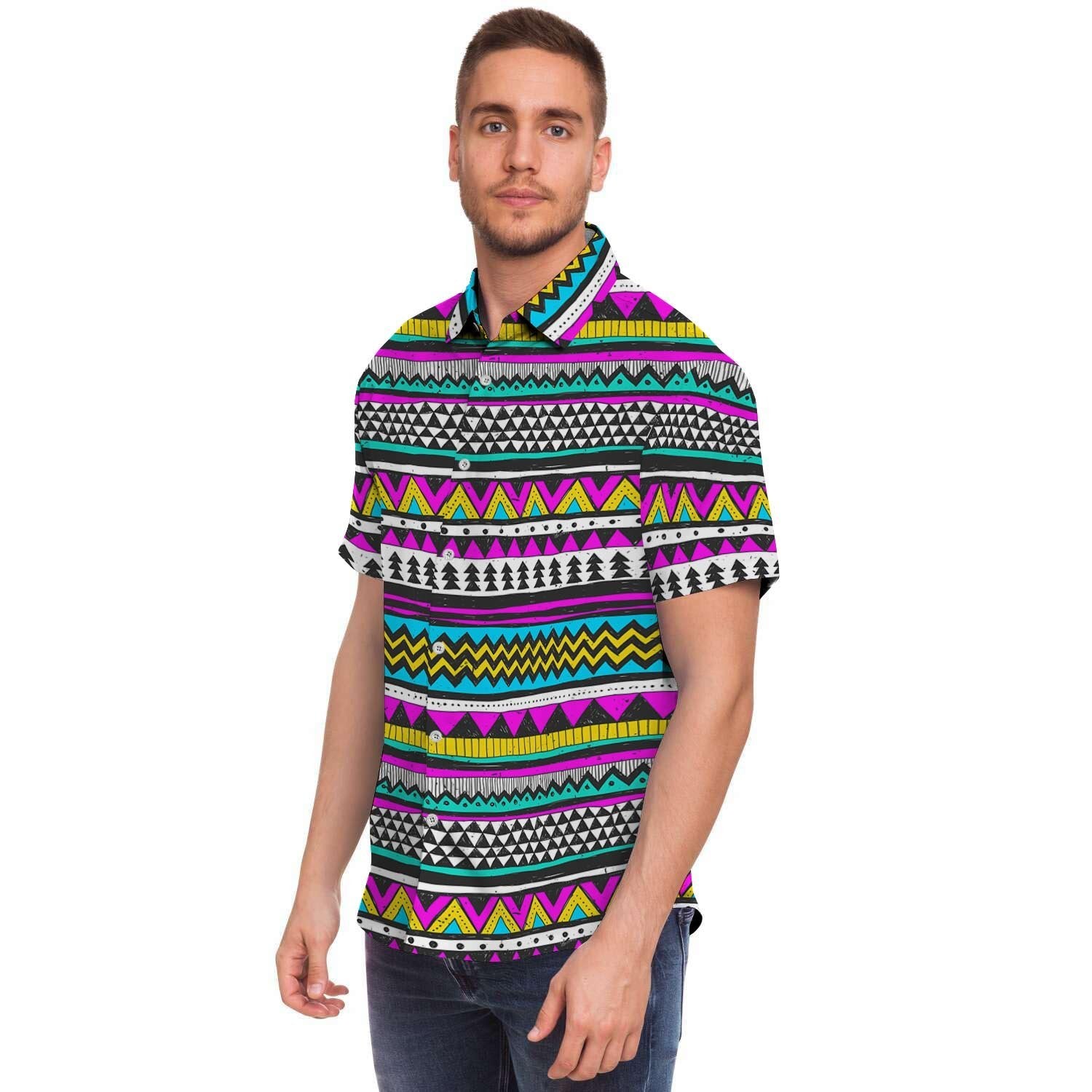 Colorful Indian Aztec Doodle Triangles Men's Short Sleeve Shirt-grizzshop