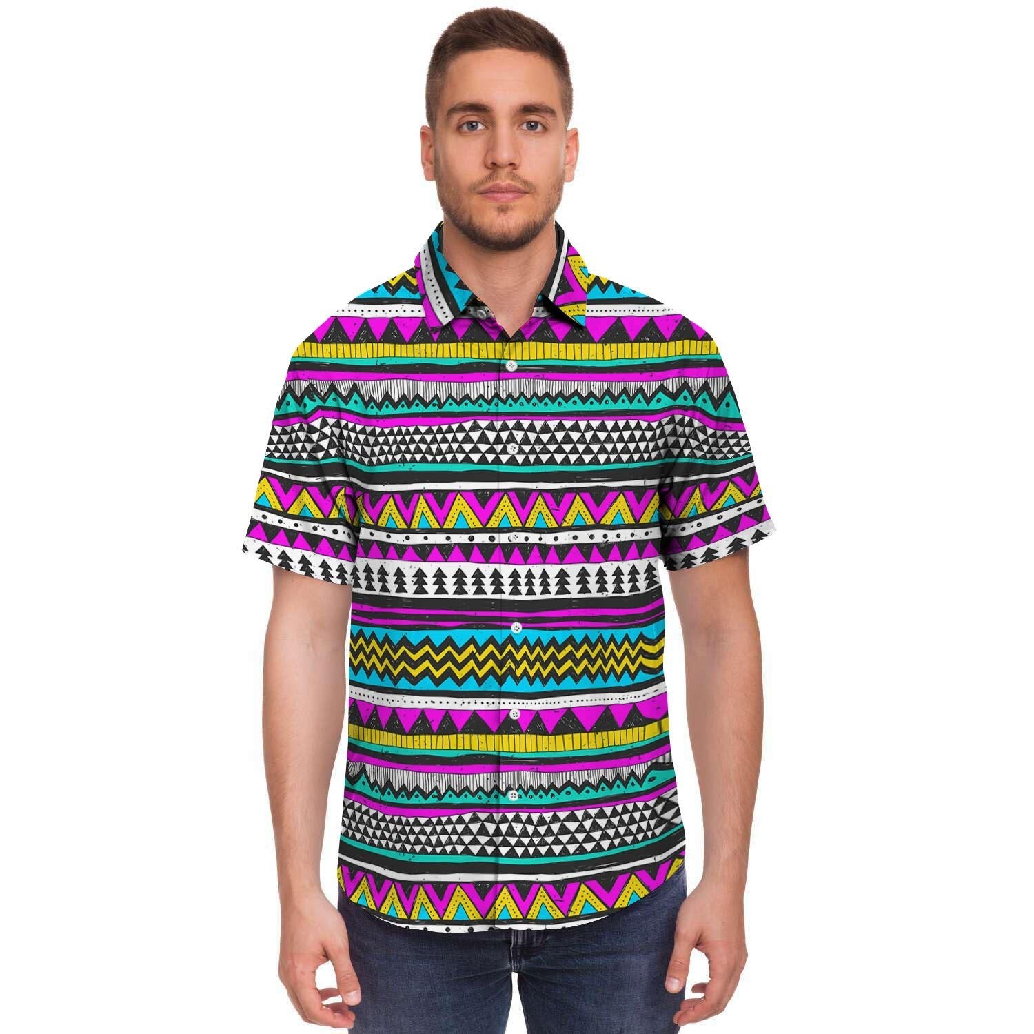 Colorful Indian Aztec Doodle Triangles Men's Short Sleeve Shirt-grizzshop