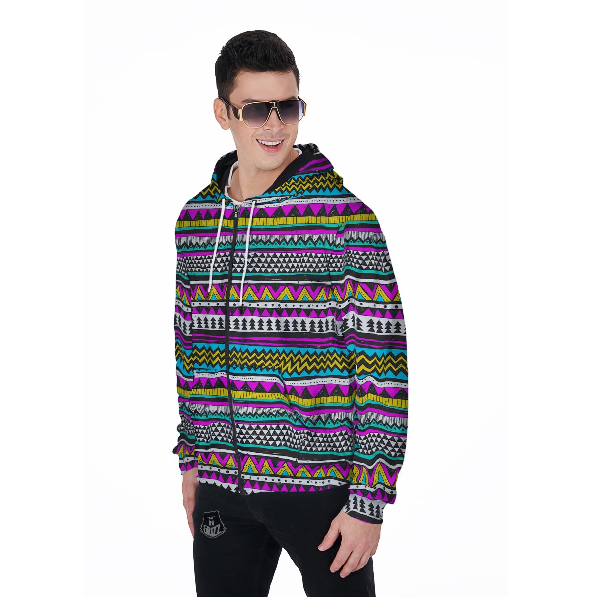 Colorful Indian Aztec Doodle Triangles Men's Zip Up Hoodie-grizzshop