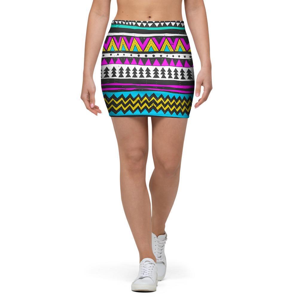 Colorful Indian Aztec Doodle Triangles Mini Skirt-grizzshop