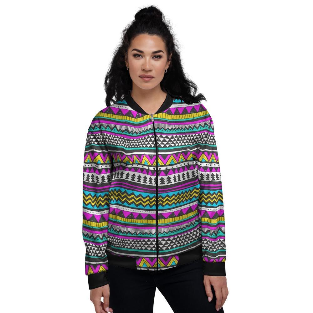 Colorful Indian Aztec Doodle Triangles Women's Bomber Jacket-grizzshop