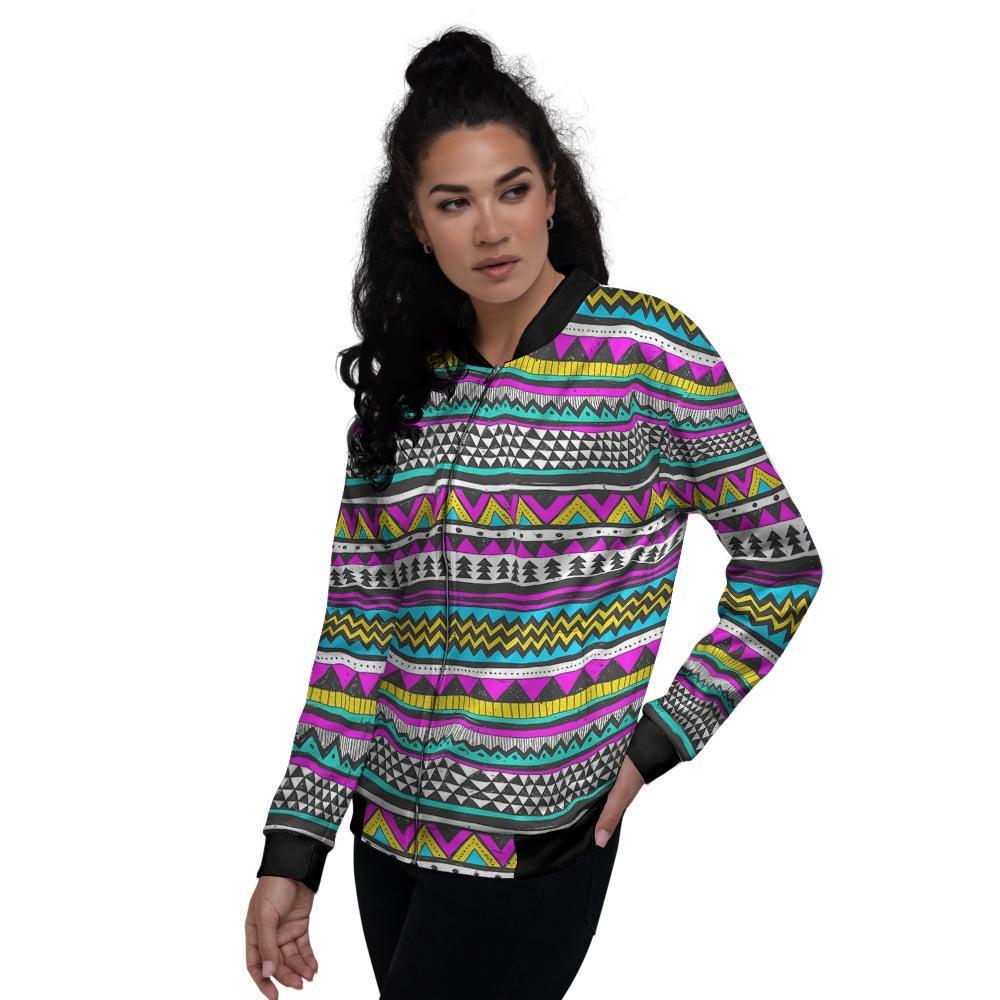 Colorful Indian Aztec Doodle Triangles Women's Bomber Jacket-grizzshop