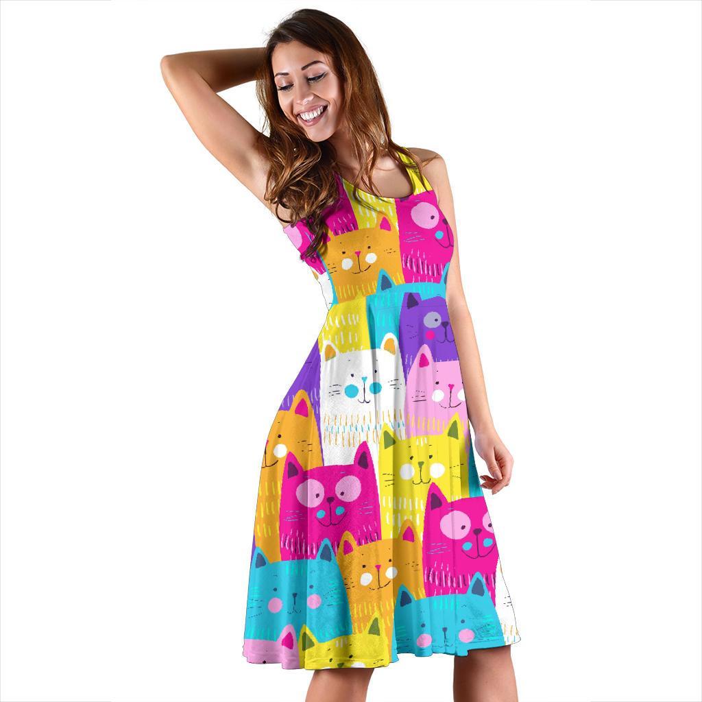 Colorful Kitten Cat Pattern Print Dress-grizzshop