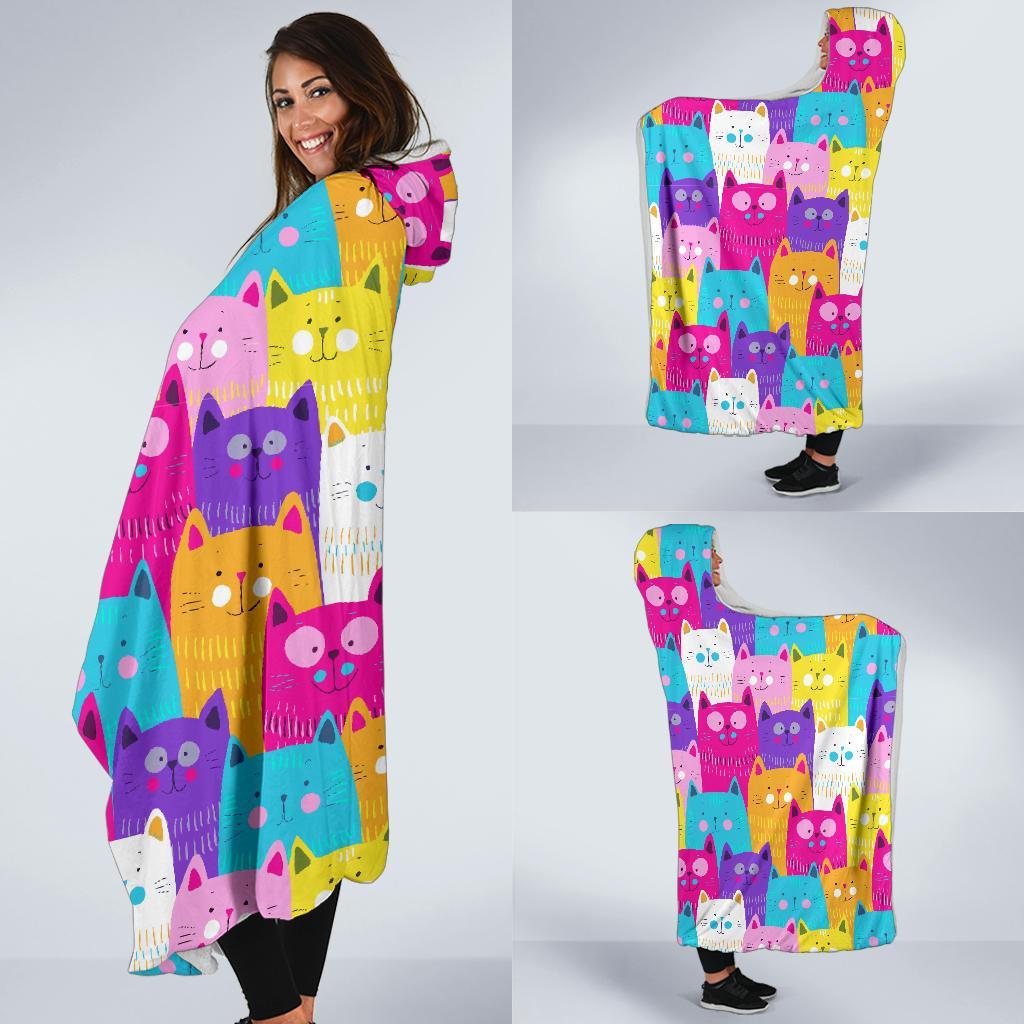Colorful Kitten Cat Pattern Print Hooded Blanket-grizzshop