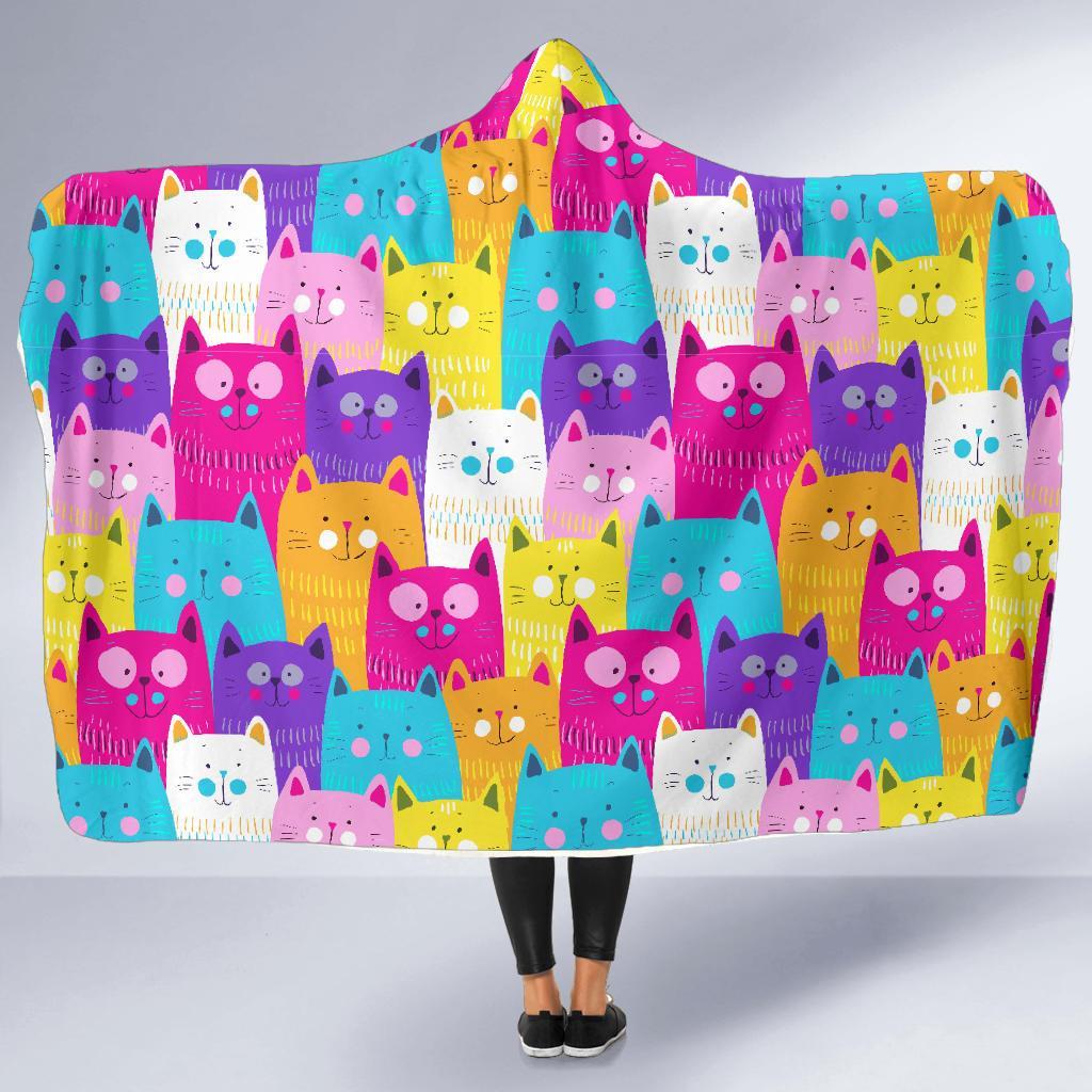 Colorful Kitten Cat Pattern Print Hooded Blanket-grizzshop