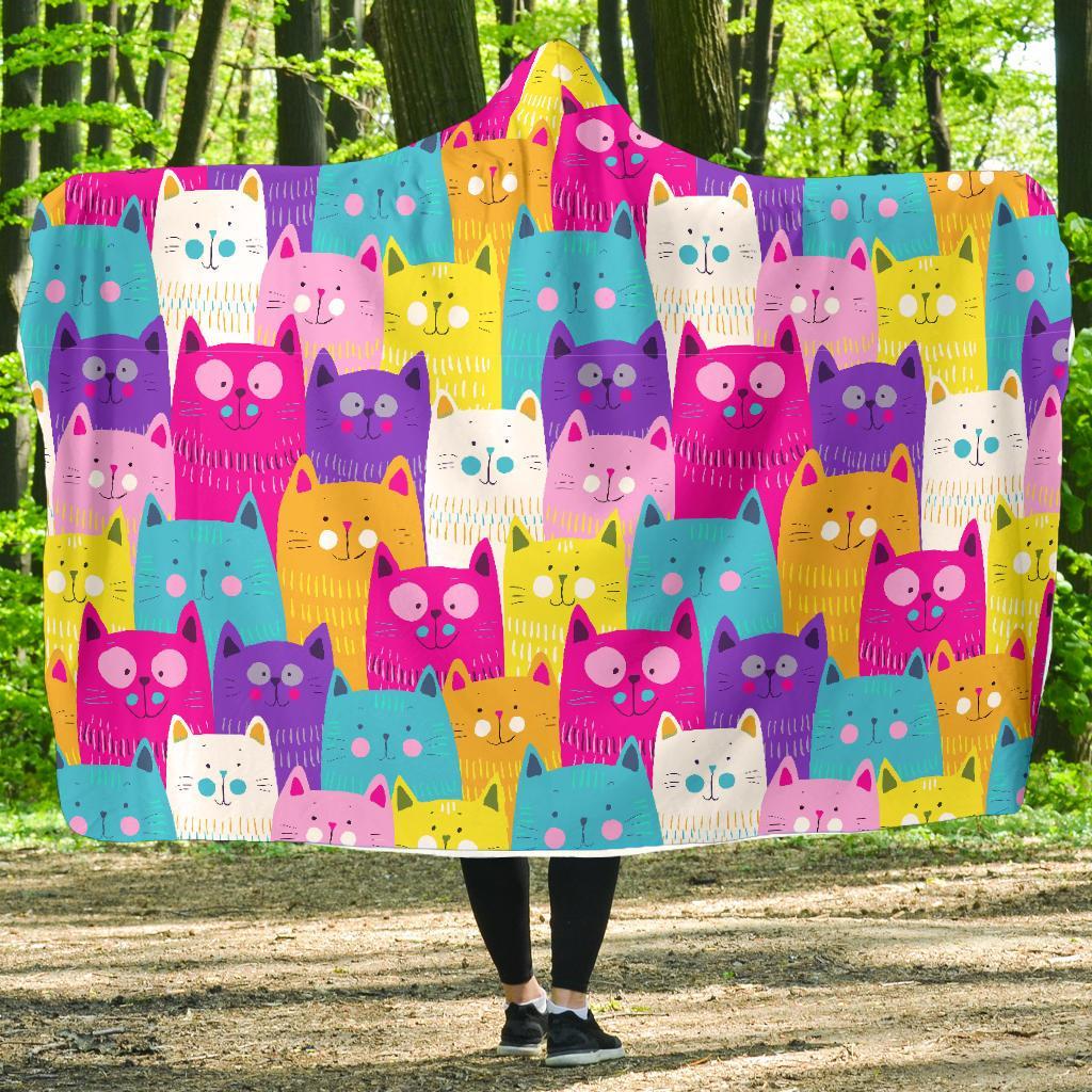 Colorful Kitten Cat Pattern Print Hooded Blanket-grizzshop