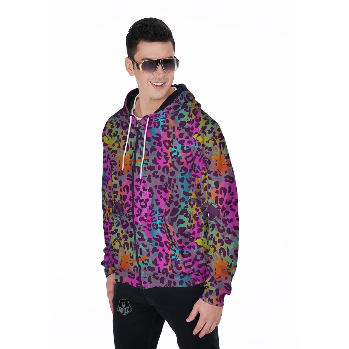 Colorful Leopard Men's Zip Up Hoodie-grizzshop