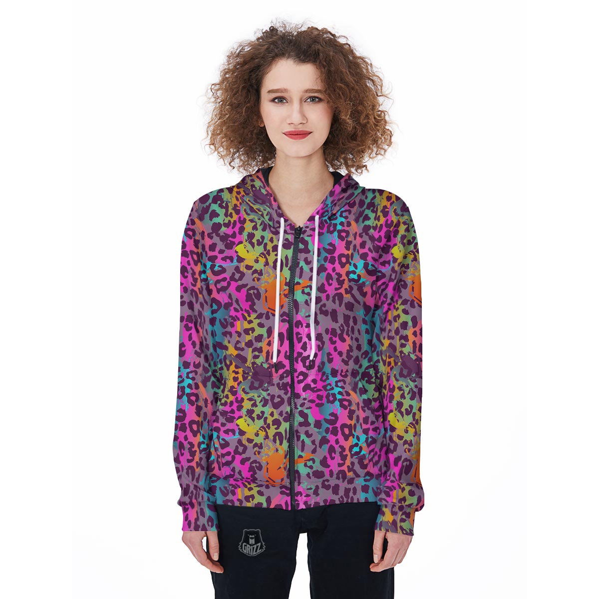 Colorful Leopard Women's Zip Up Hoodie-grizzshop