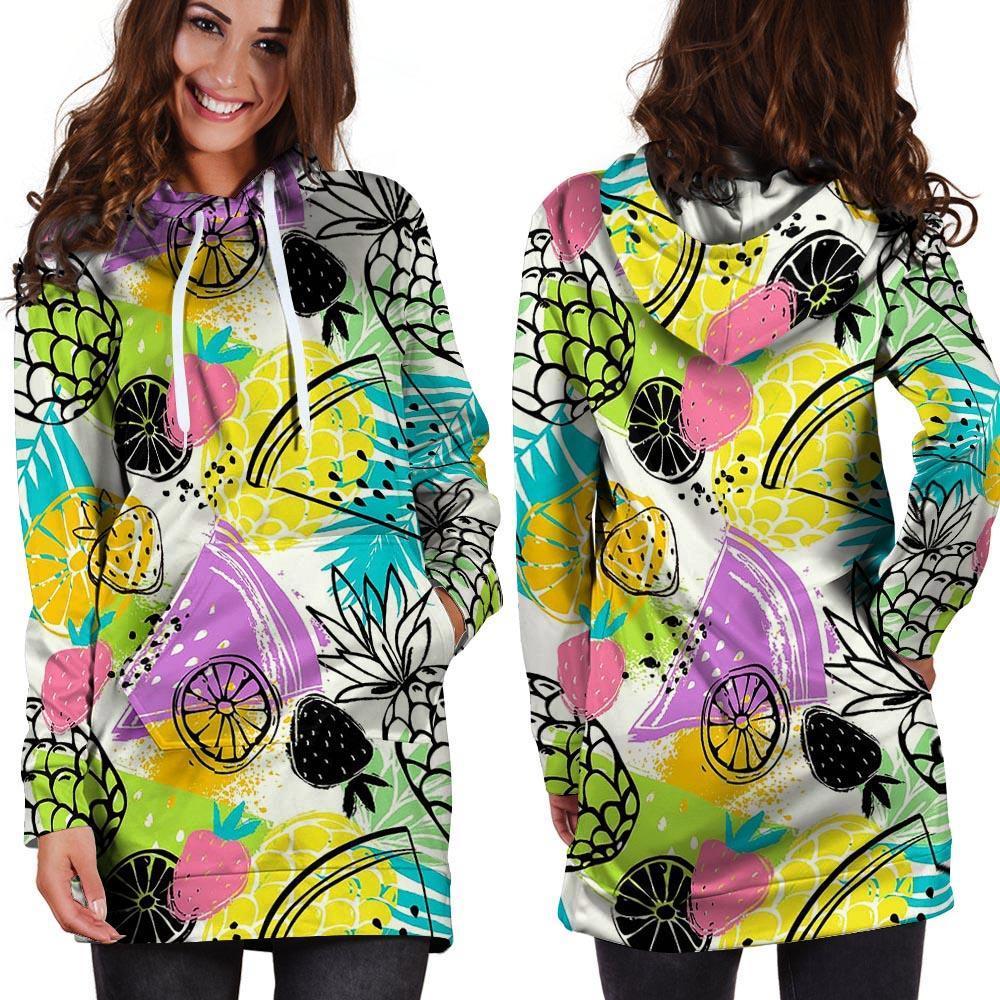 Colorful Mix Fruit Pineapple Hawaiian Print Hoodie Dress-grizzshop