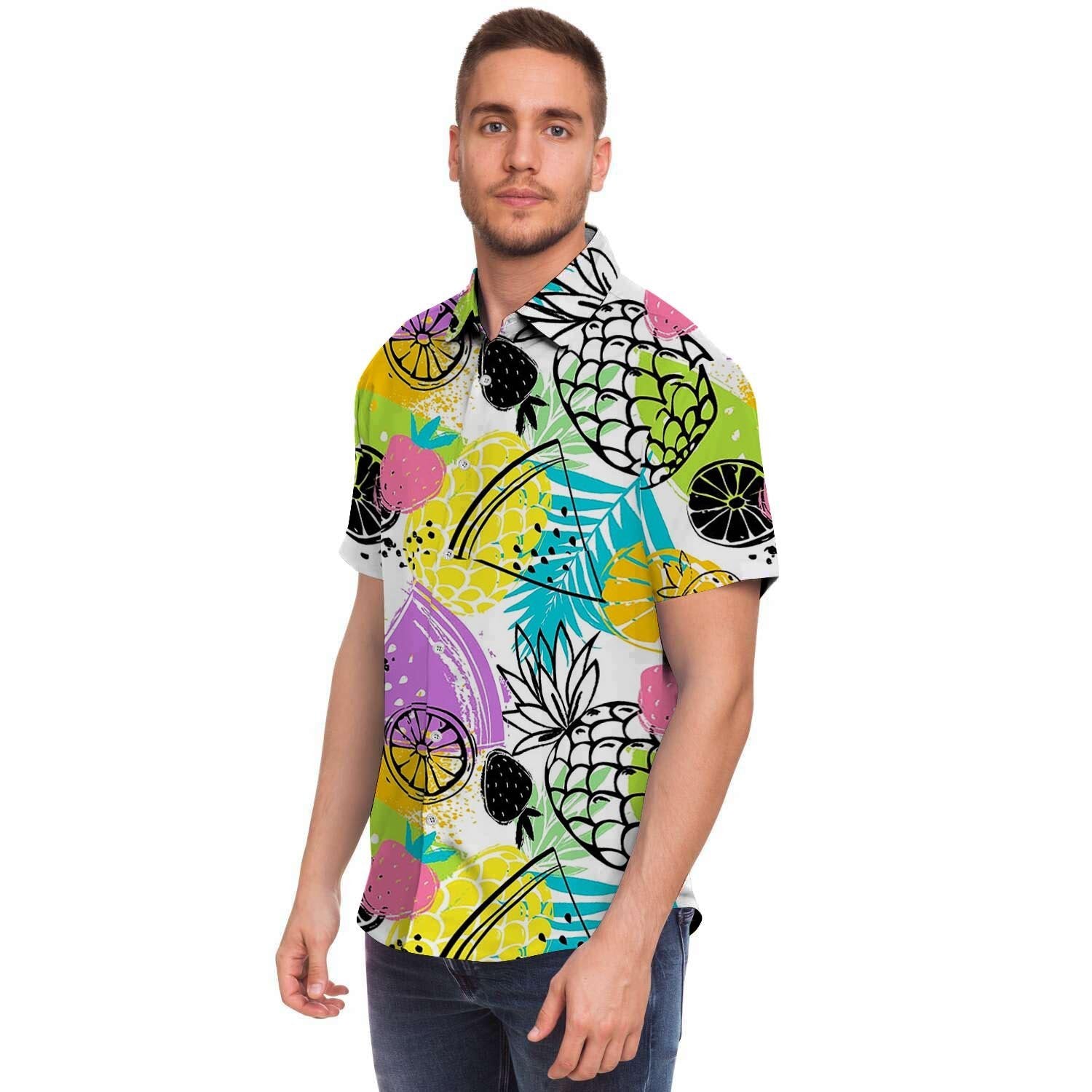 Colorful Mix Fruit Pineapple Hawaiian Print Men's Short Sleeve Shirt-grizzshop