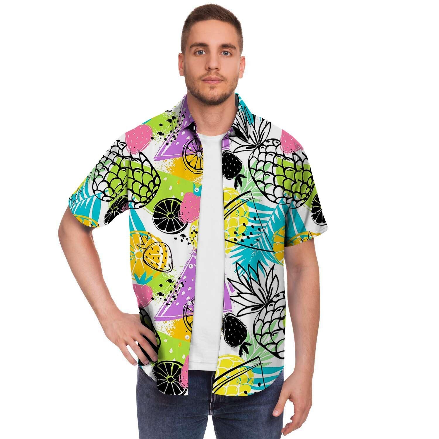 Colorful Mix Fruit Pineapple Hawaiian Print Men's Short Sleeve Shirt-grizzshop