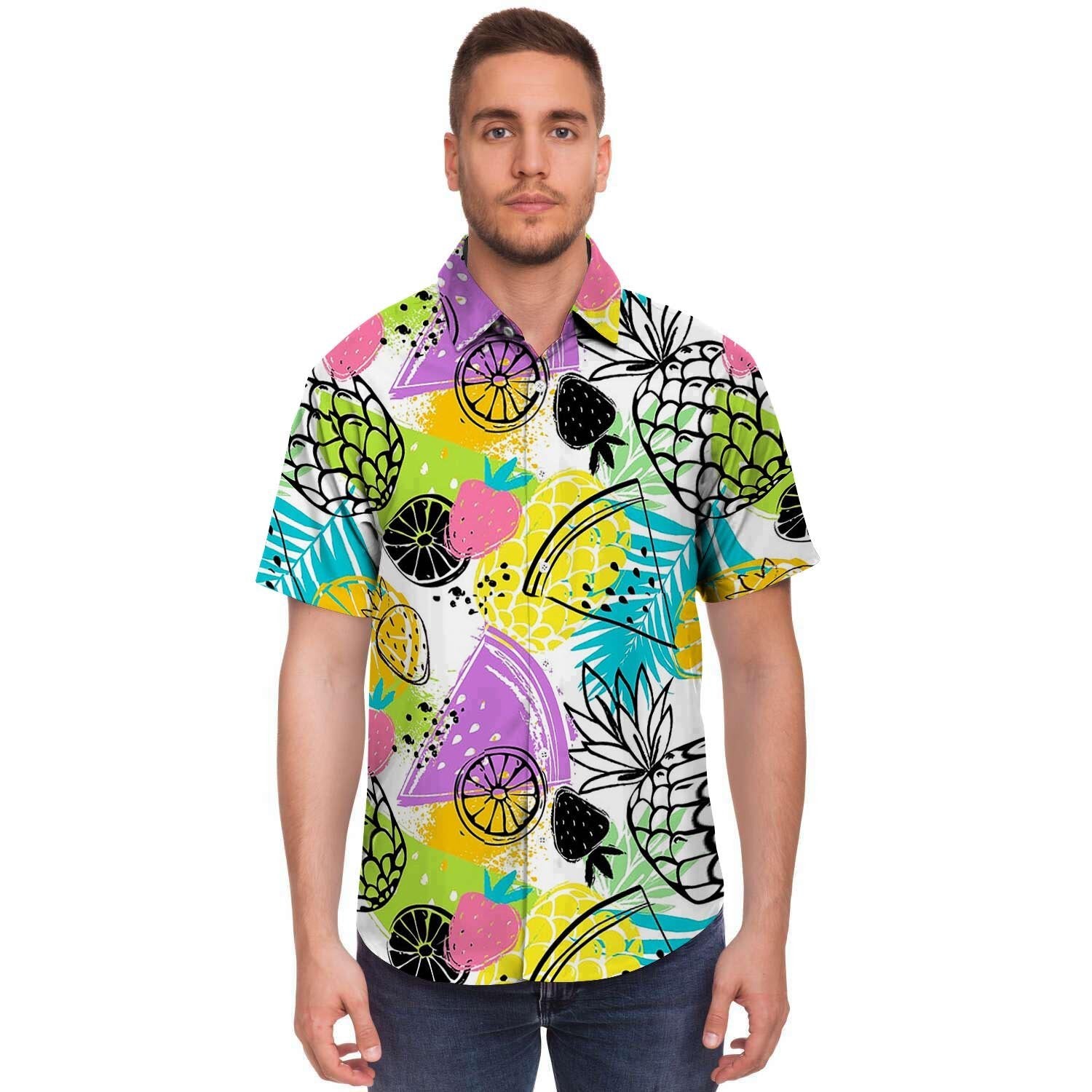 Colorful Mix Fruit Pineapple Hawaiian Print Men's Short Sleeve Shirt-grizzshop