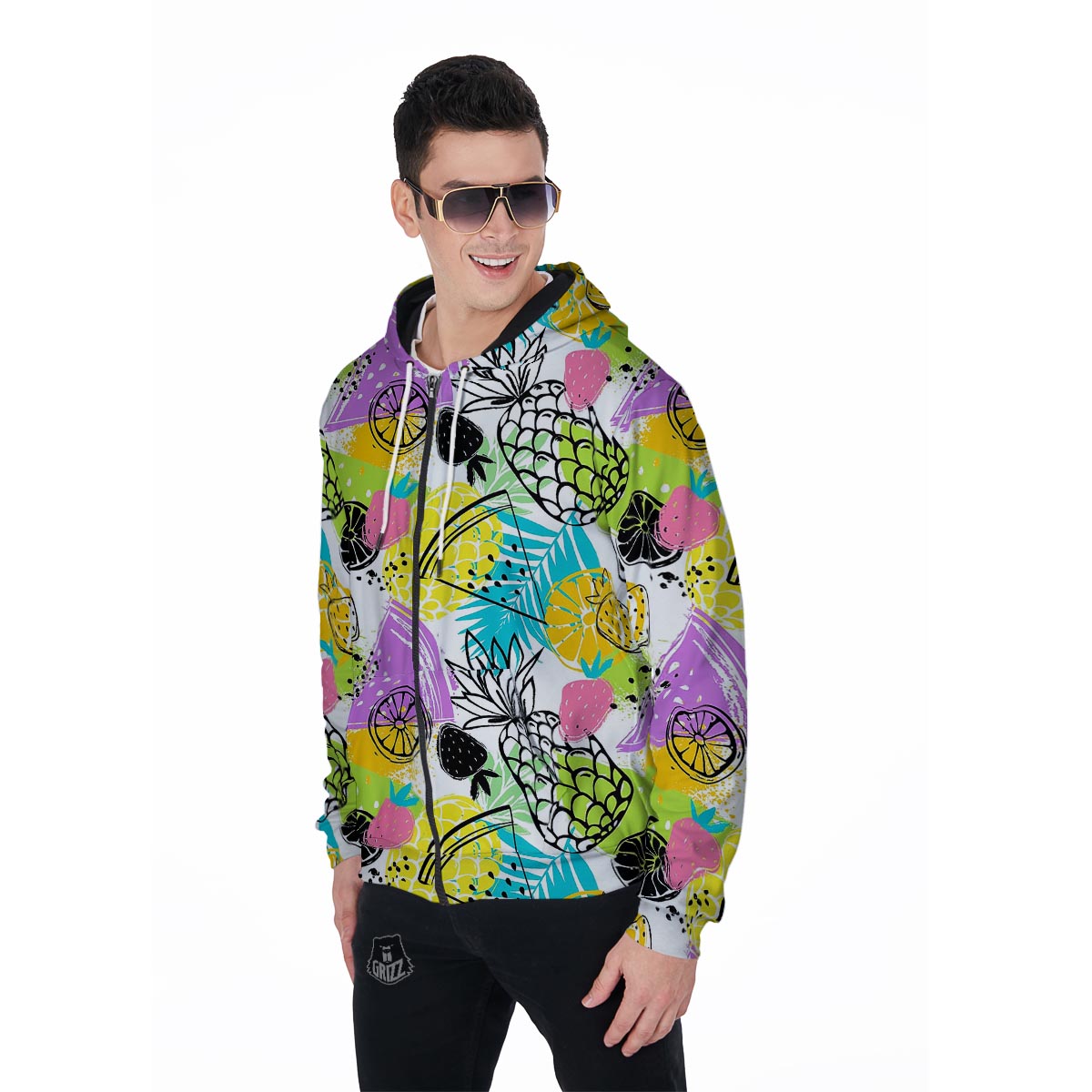 Colorful Mix Fruit Pineapple Hawaiian Print Men's Zip Up Hoodie-grizzshop
