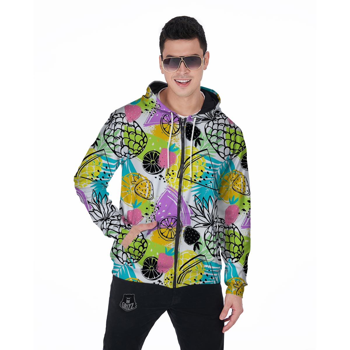 Colorful Mix Fruit Pineapple Hawaiian Print Men's Zip Up Hoodie-grizzshop