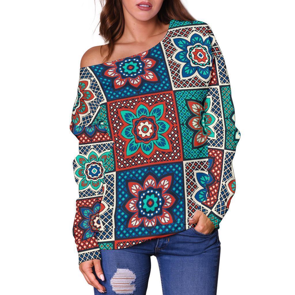 Colorful Mosaic Print Pattern Women Off Shoulder Sweatshirt-grizzshop
