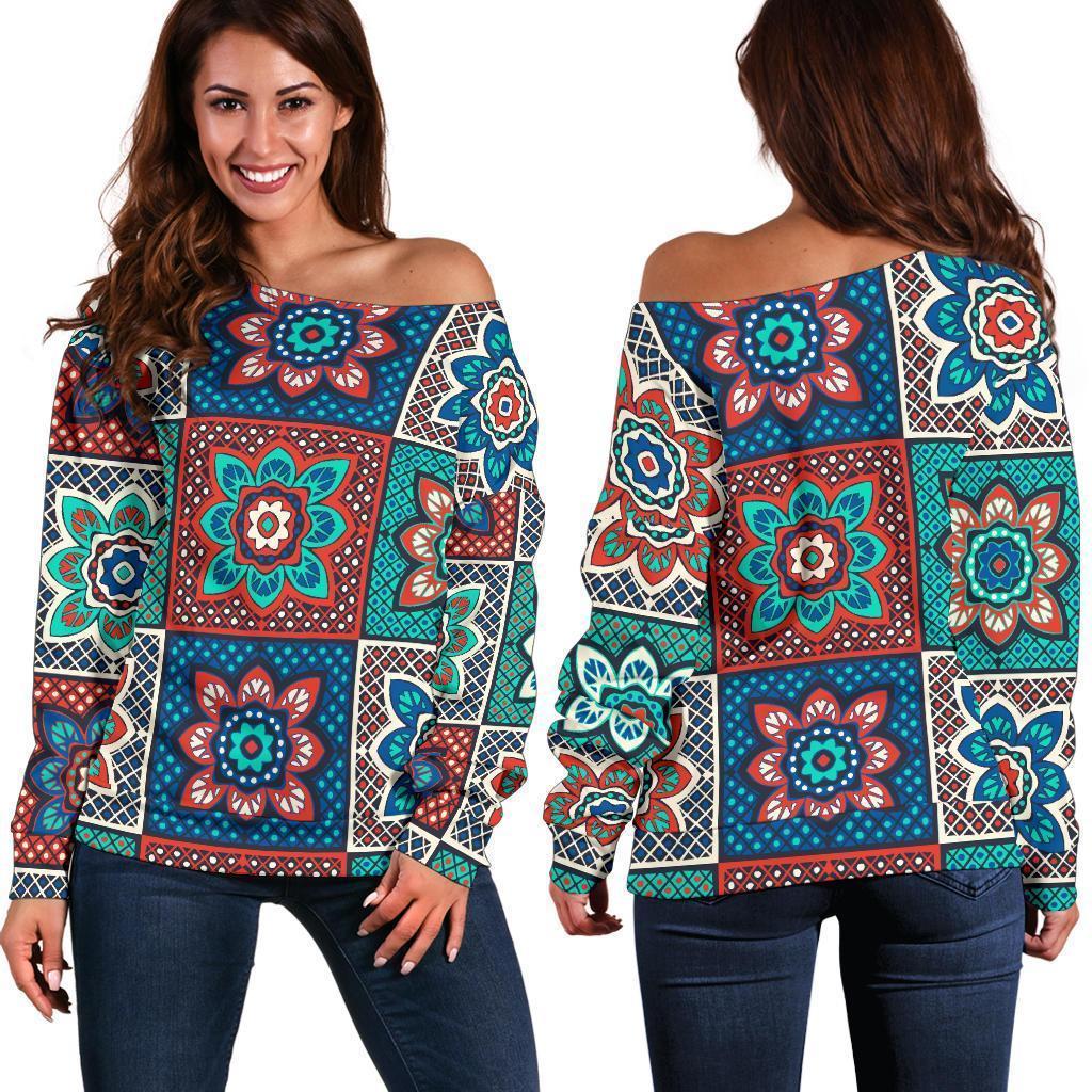 Colorful Mosaic Print Pattern Women Off Shoulder Sweatshirt-grizzshop