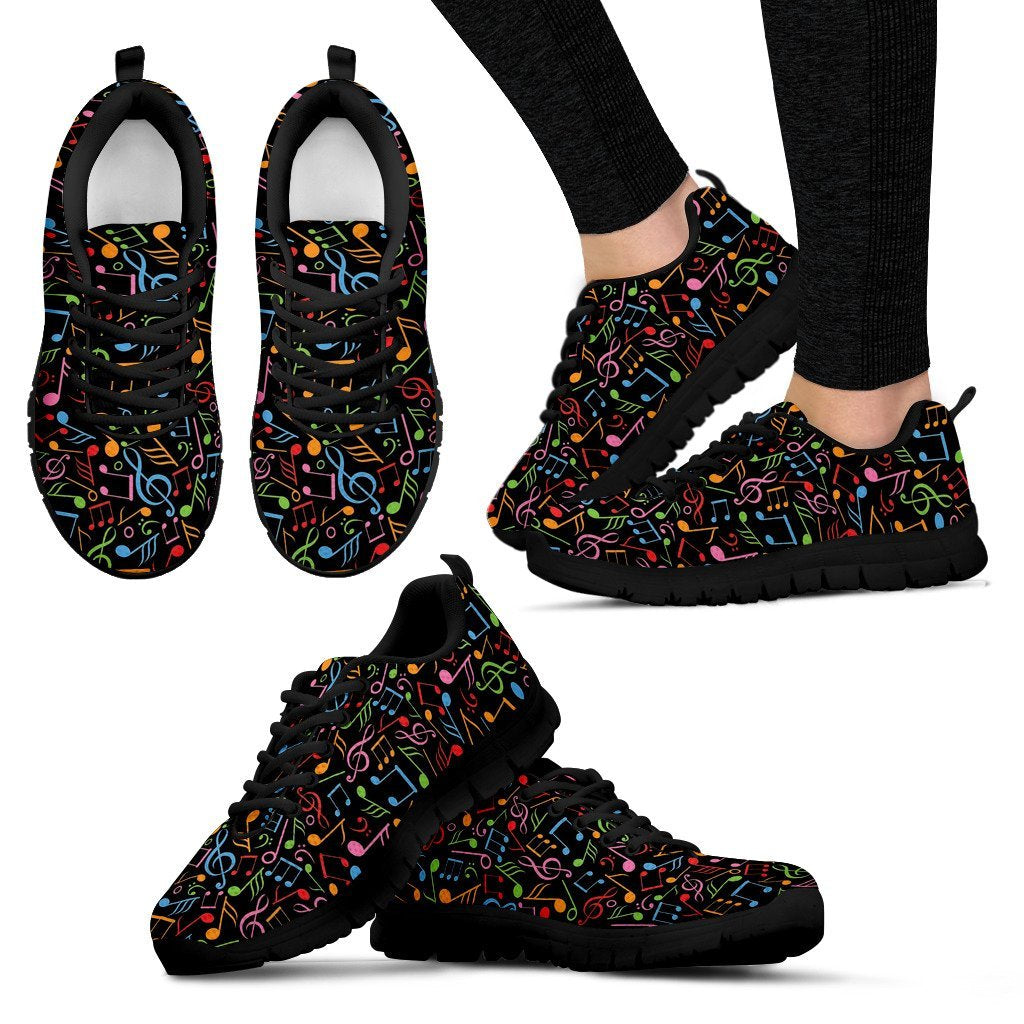 Colorful Music Note Pattern Print Black Sneaker Shoes For Men Women-grizzshop