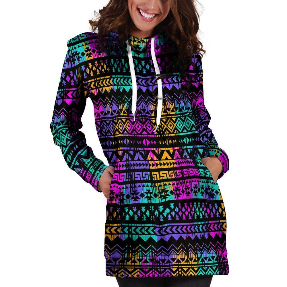 Colorful Native Aztec Geometric Hoodie Dress-grizzshop