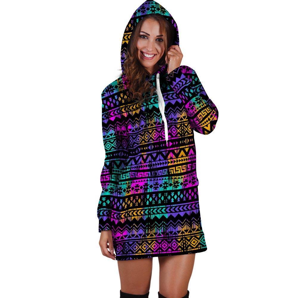 Colorful Native Aztec Geometric Hoodie Dress-grizzshop