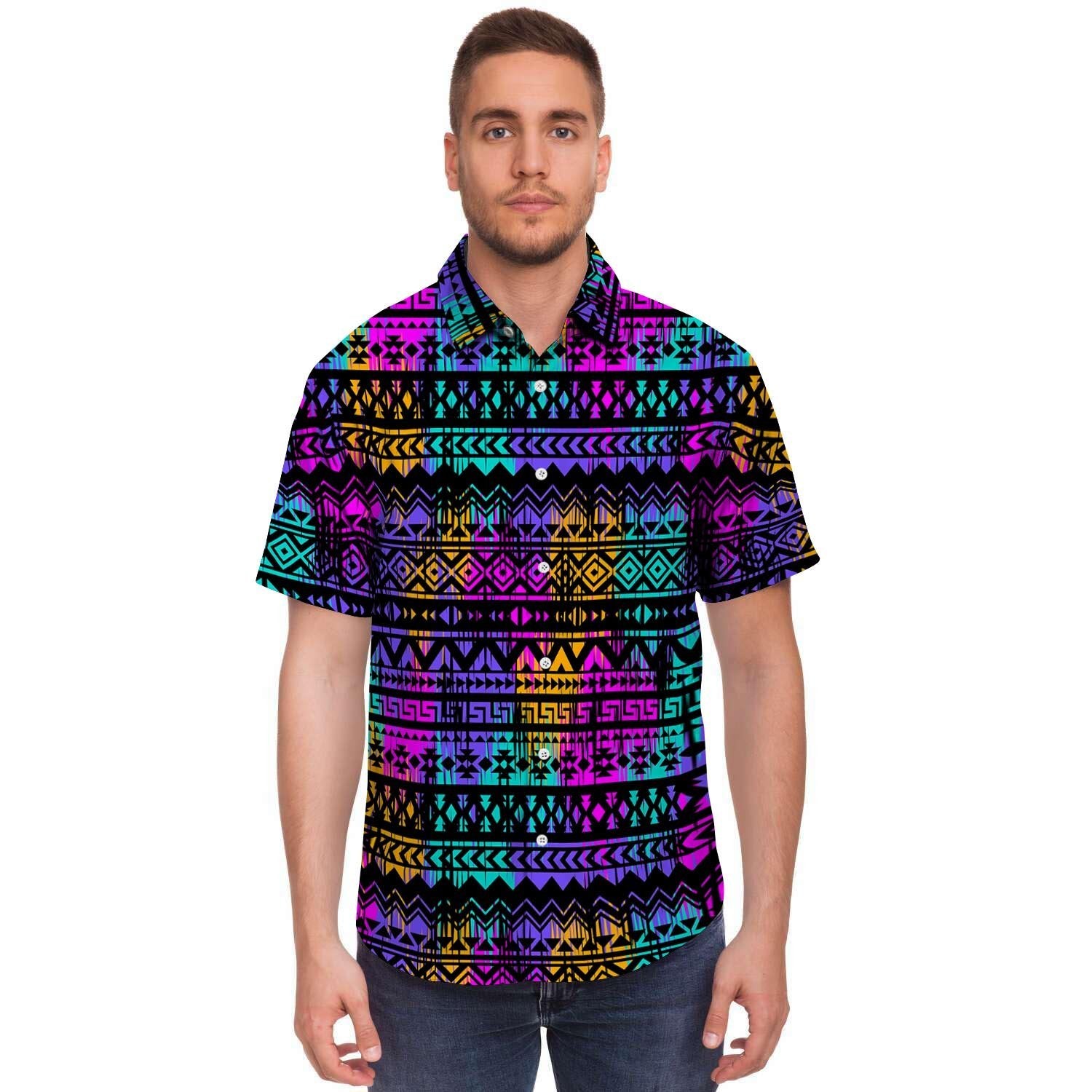 Colorful Native Aztec Geometric Men's Short Sleeve Shirt-grizzshop