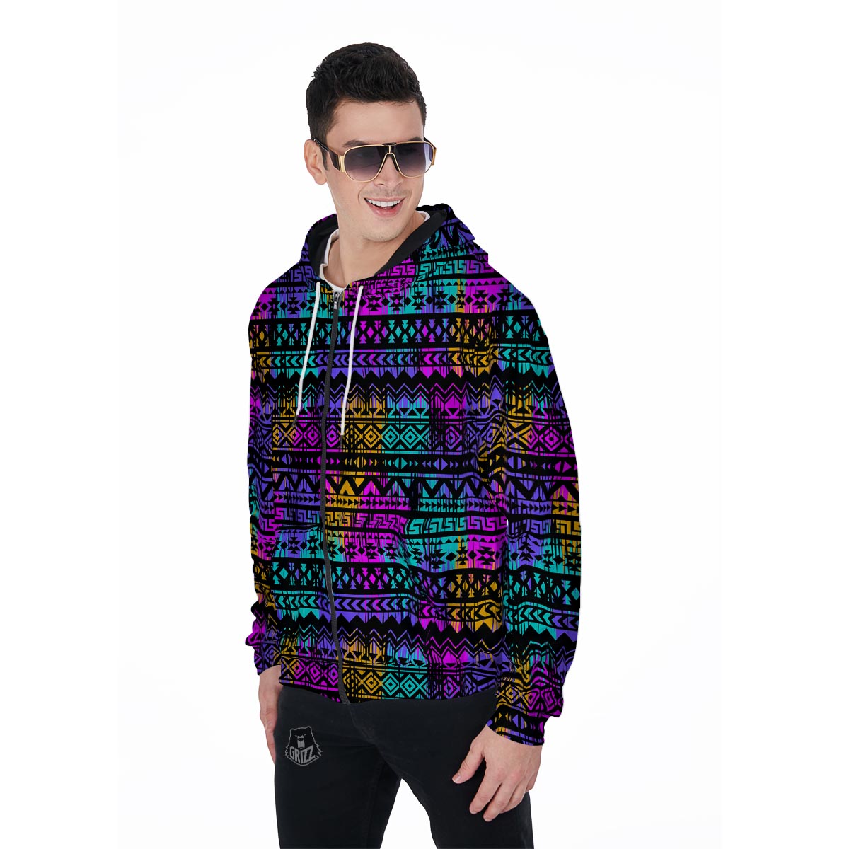 Colorful Native Aztec Geometric Men's Zip Up Hoodie-grizzshop