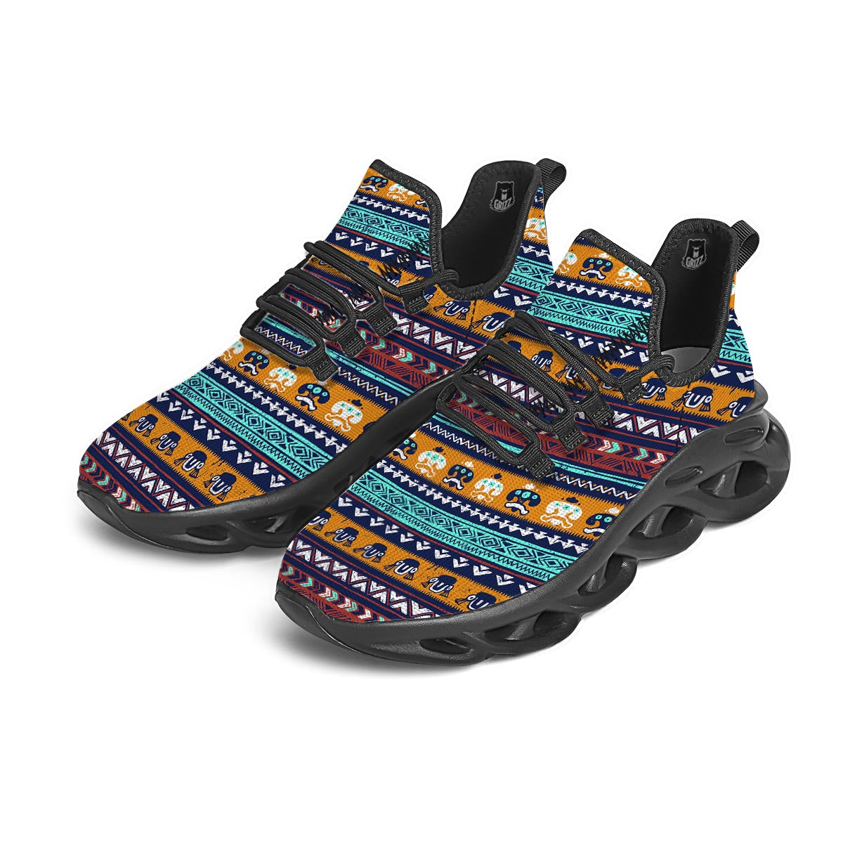 Colorful Neon Ethic Aztec Maya Print Black Running Shoes-grizzshop