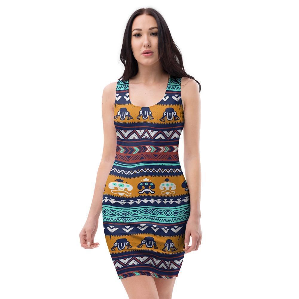 Colorful Neon Ethic Aztec Maya Print Bodycon Dress-grizzshop