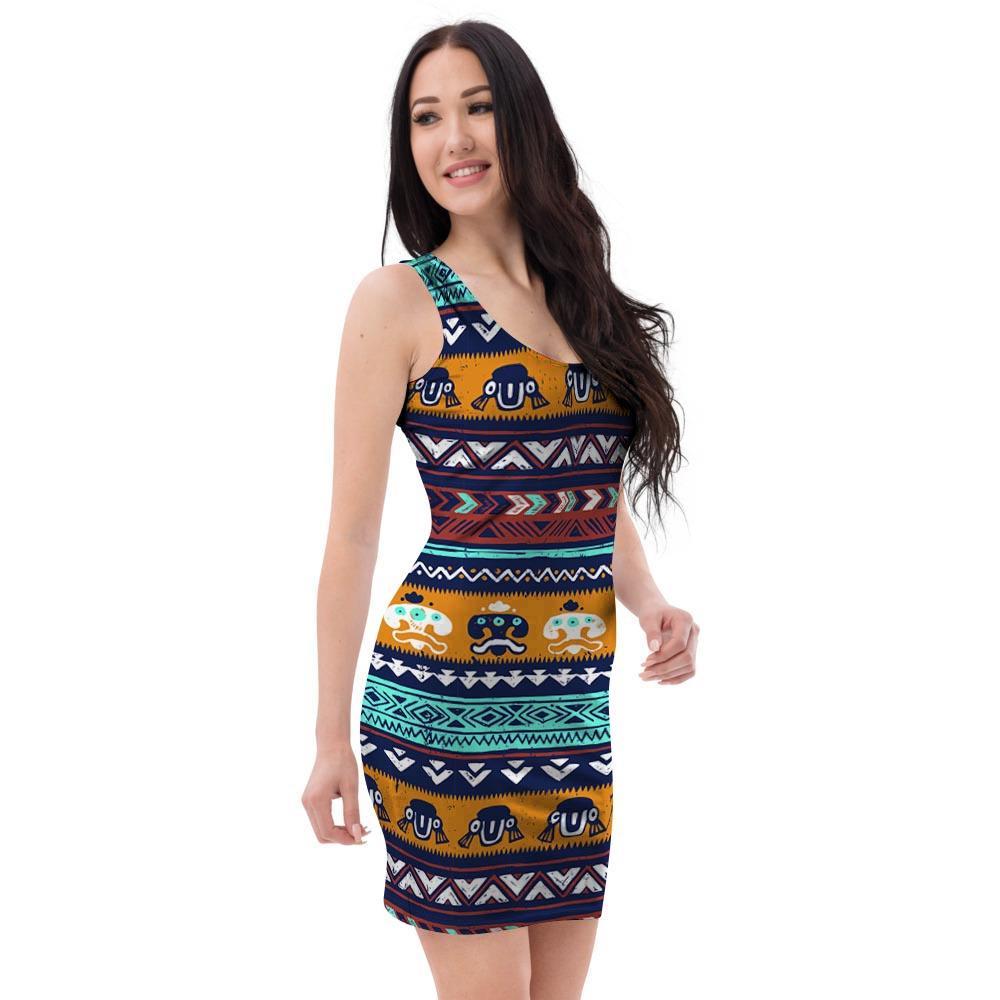 Colorful Neon Ethic Aztec Maya Print Bodycon Dress-grizzshop