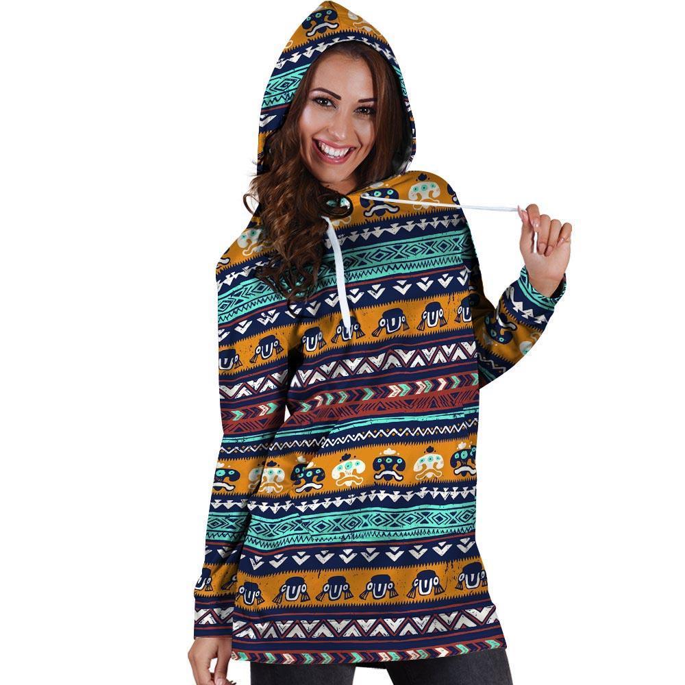 Colorful Neon Ethic Aztec Maya Print Hoodie Dress-grizzshop
