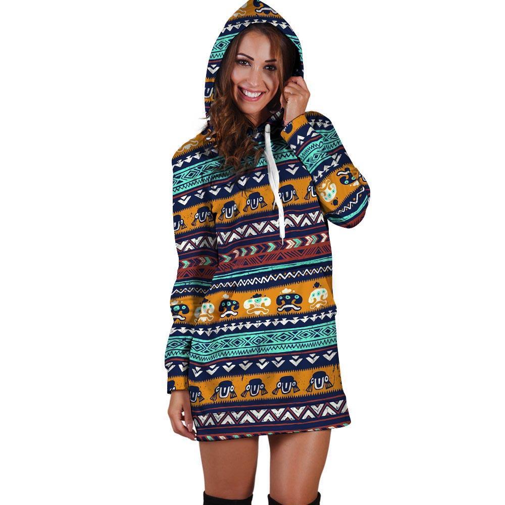 Colorful Neon Ethic Aztec Maya Print Hoodie Dress-grizzshop