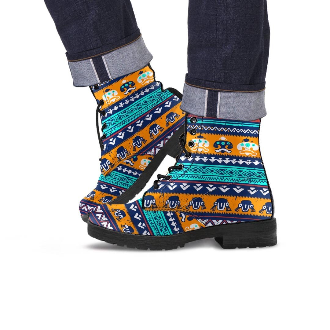 Colorful Neon Ethic Aztec Maya Print Men's Boots-grizzshop