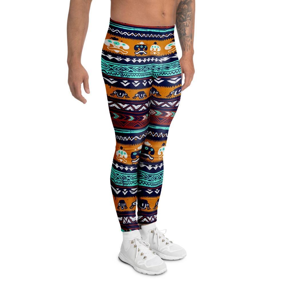 Colorful Neon Ethic Aztec Maya Print Men's Leggings-grizzshop