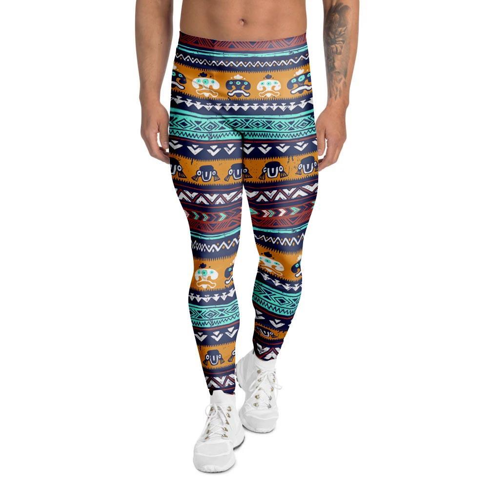 Colorful Neon Ethic Aztec Maya Print Men's Leggings-grizzshop
