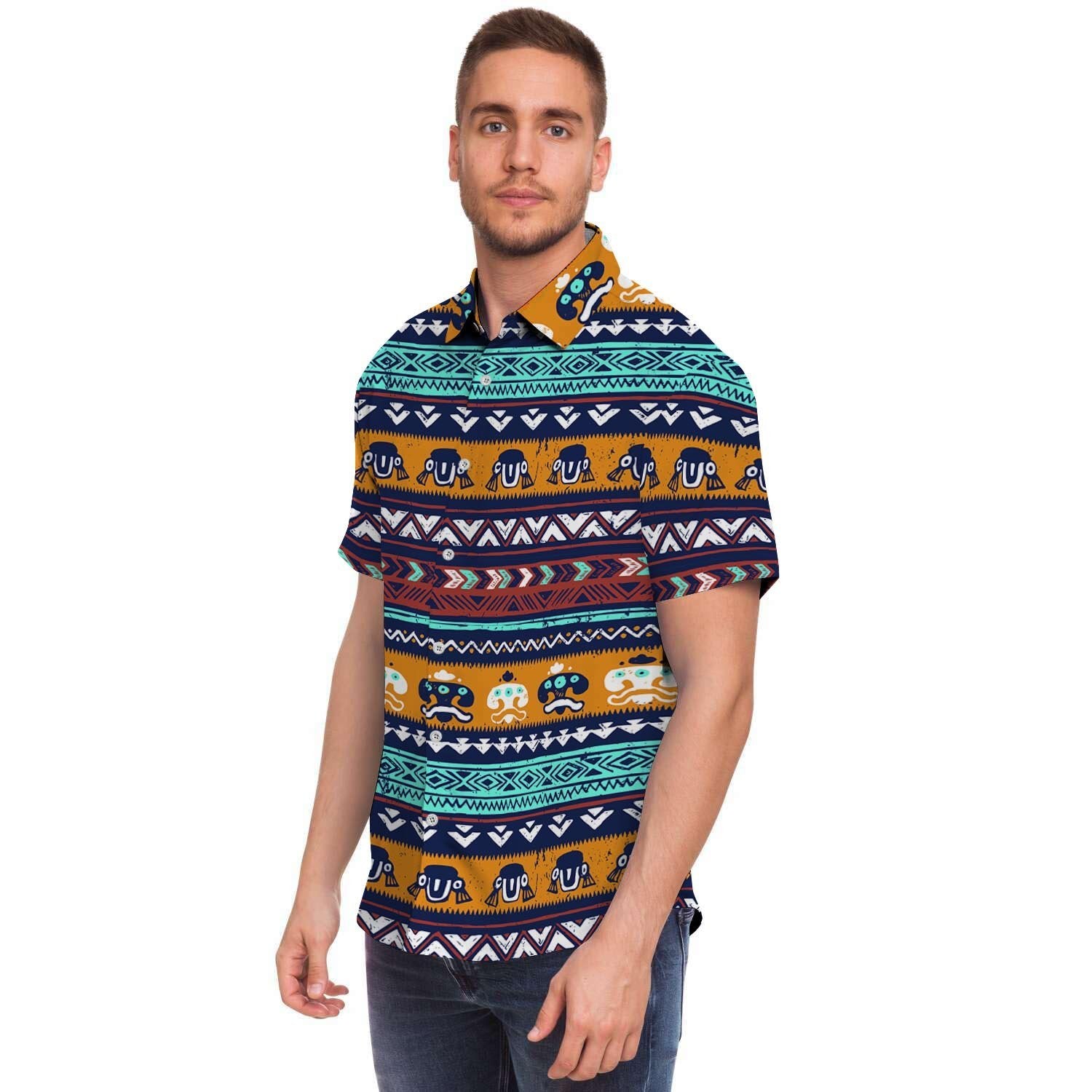 Colorful Neon Ethic Aztec Maya Print Men's Short Sleeve Shirt-grizzshop