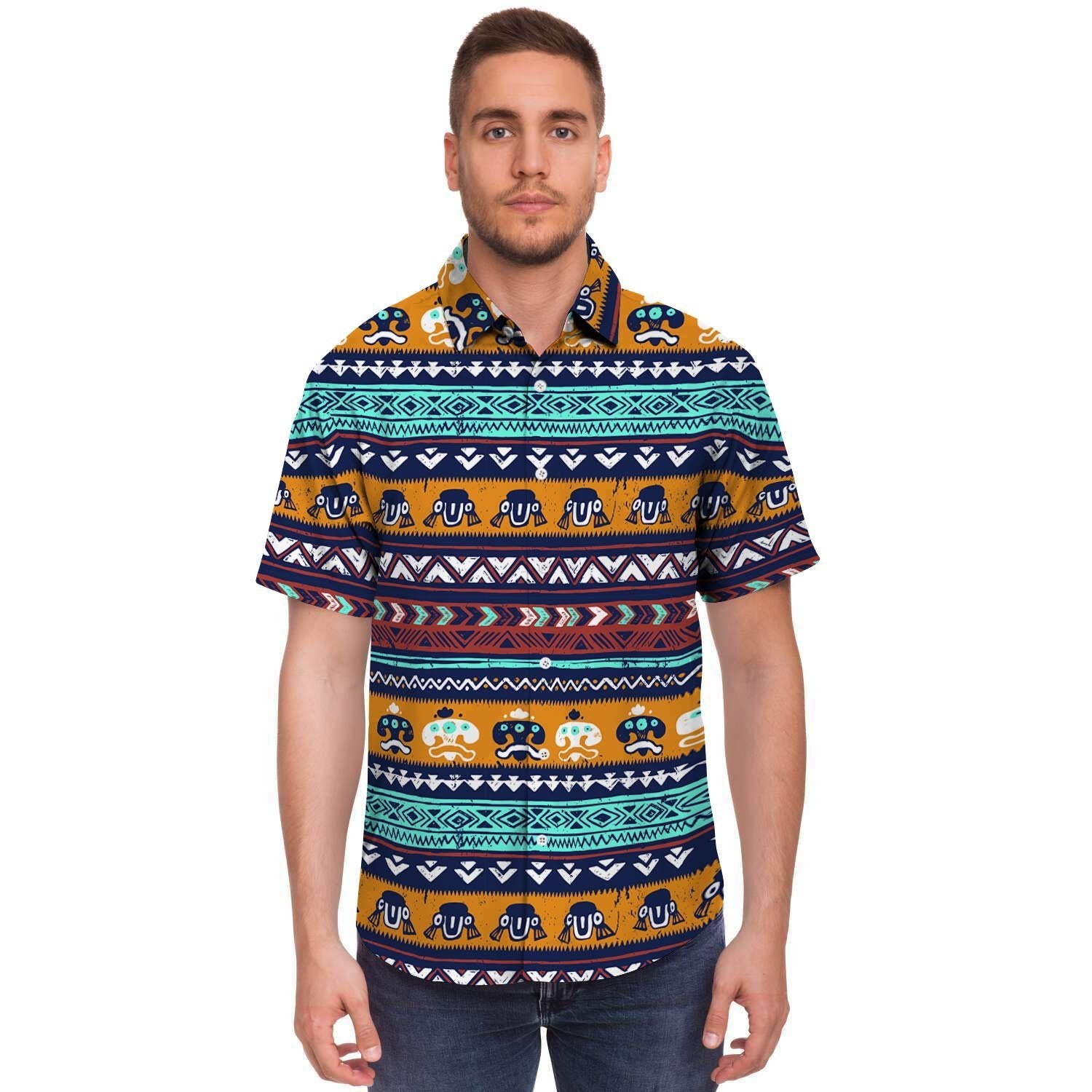 Colorful Neon Ethic Aztec Maya Print Men's Short Sleeve Shirt-grizzshop