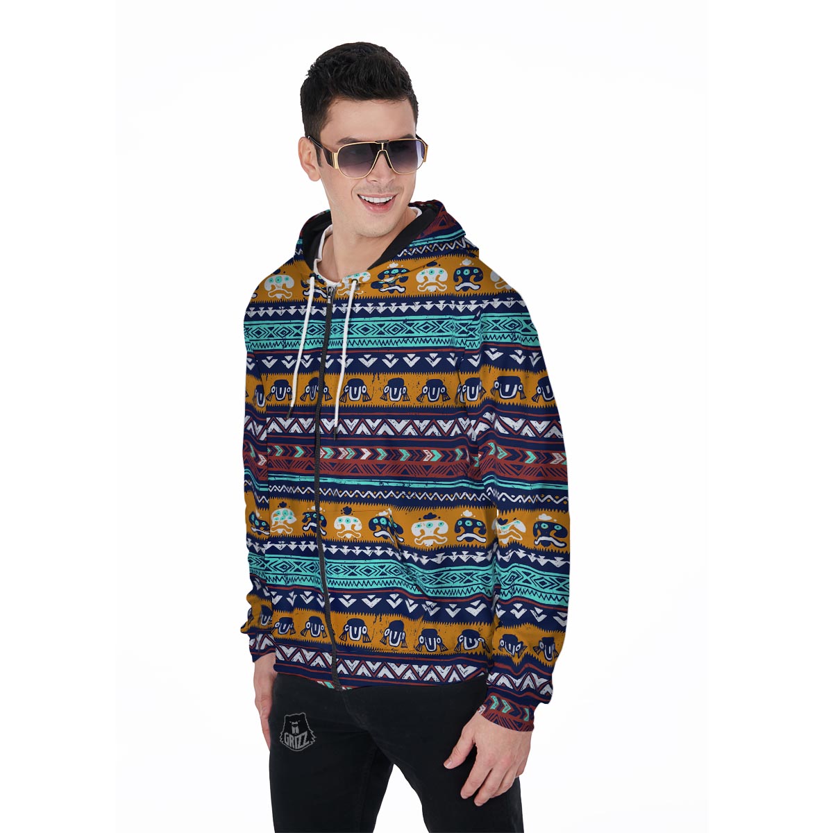 Colorful Neon Ethic Aztec Maya Print Men's Zip Up Hoodie-grizzshop