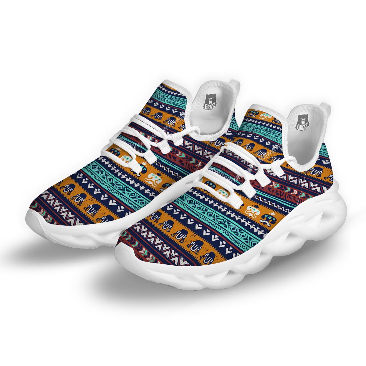 Colorful Neon Ethic Aztec Maya Print White Running Shoes-grizzshop