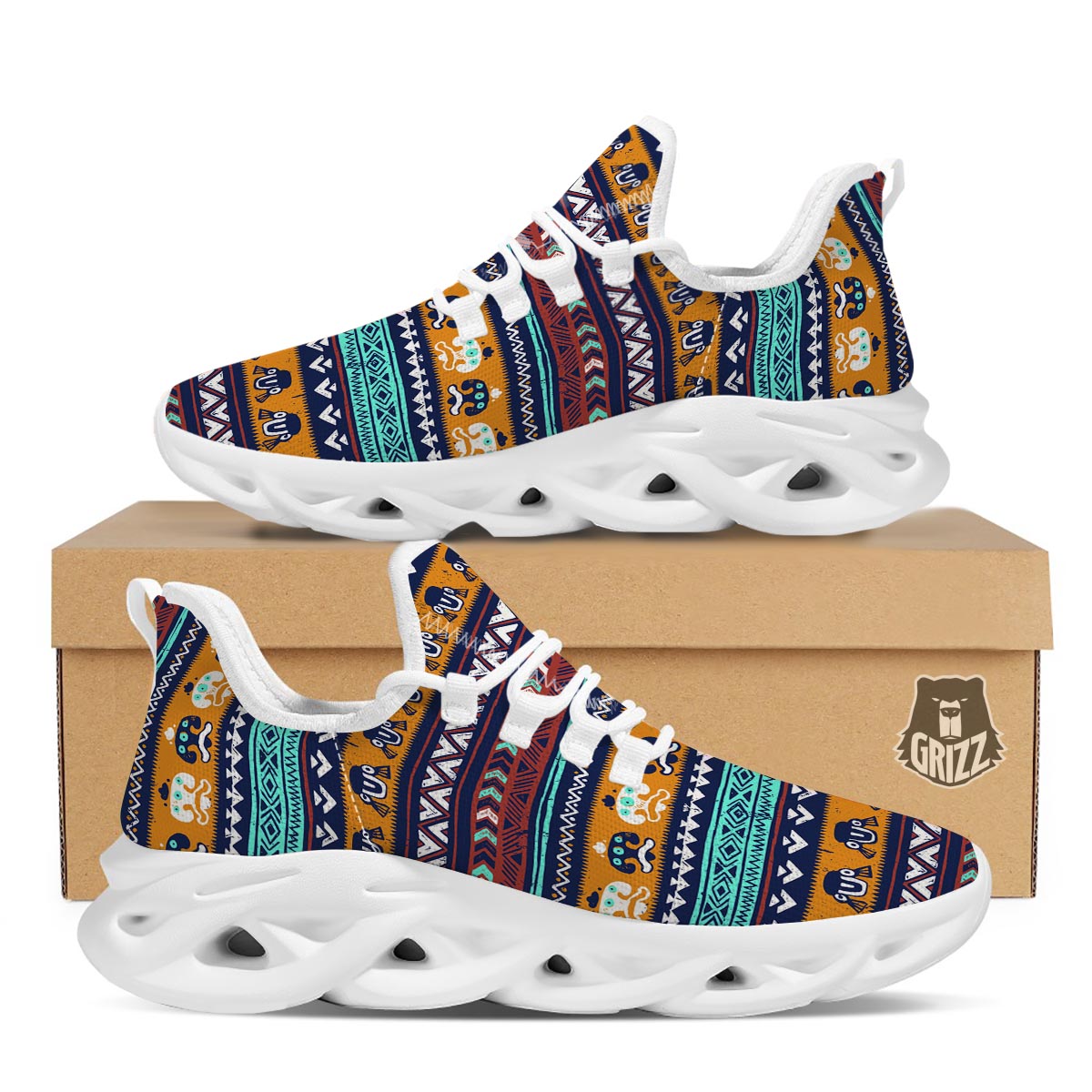 Colorful Neon Ethic Aztec Maya Print White Running Shoes-grizzshop