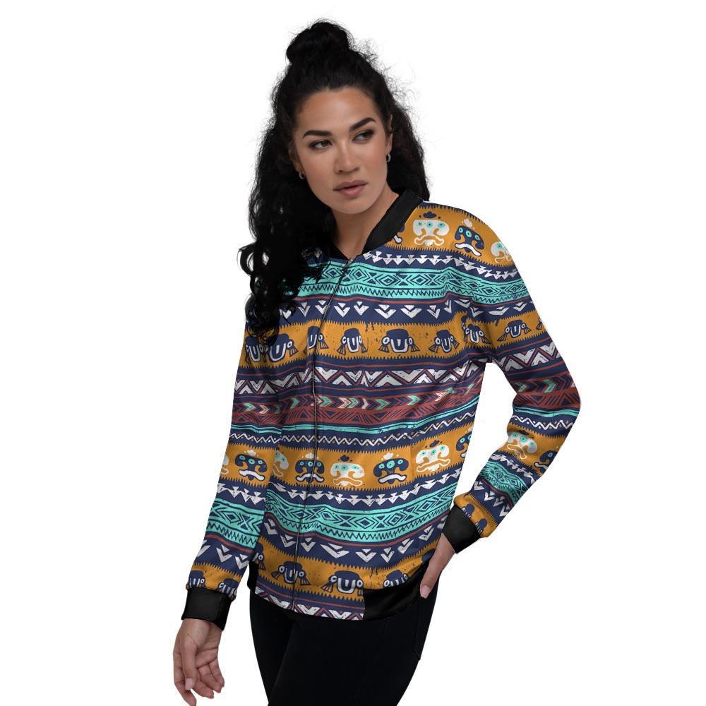 Colorful Neon Ethic Aztec Maya Print Women's Bomber Jacket-grizzshop