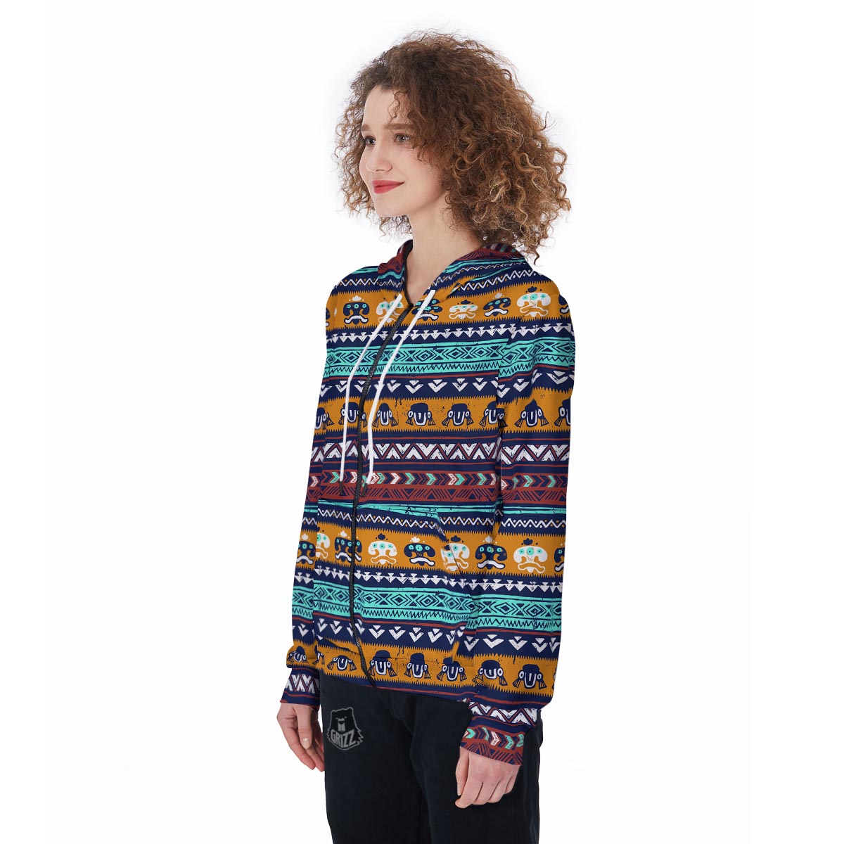 Colorful Neon Ethic Aztec Maya Print Women's Zip Up Hoodie-grizzshop