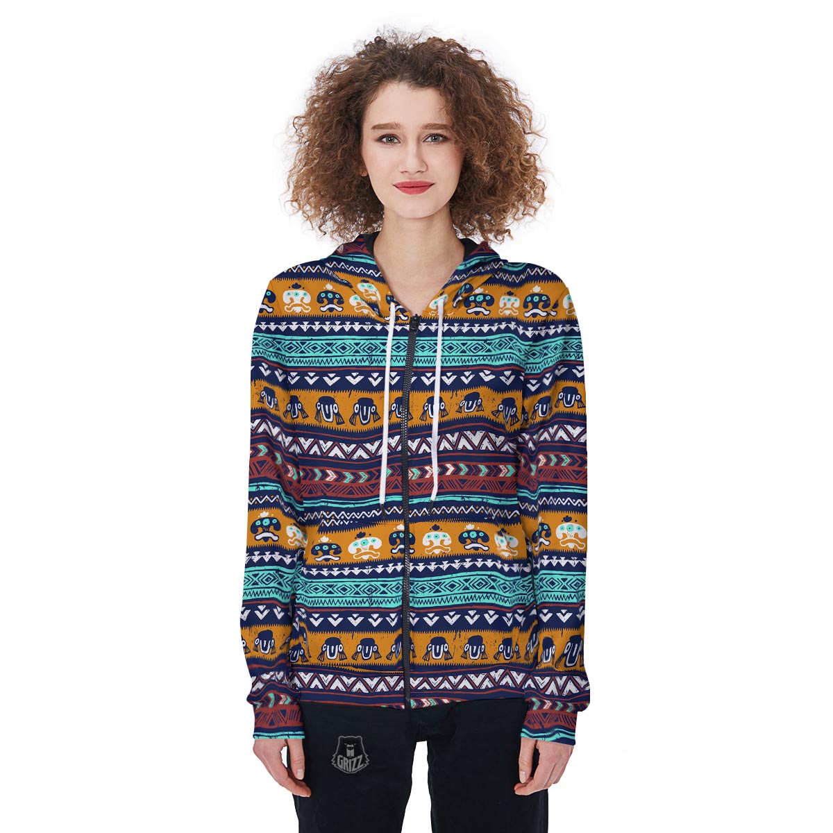 Colorful Neon Ethic Aztec Maya Print Women's Zip Up Hoodie-grizzshop