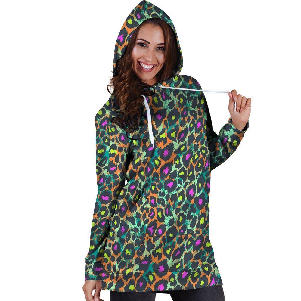 Colorful Neon Leopard Hoodie Dress-grizzshop