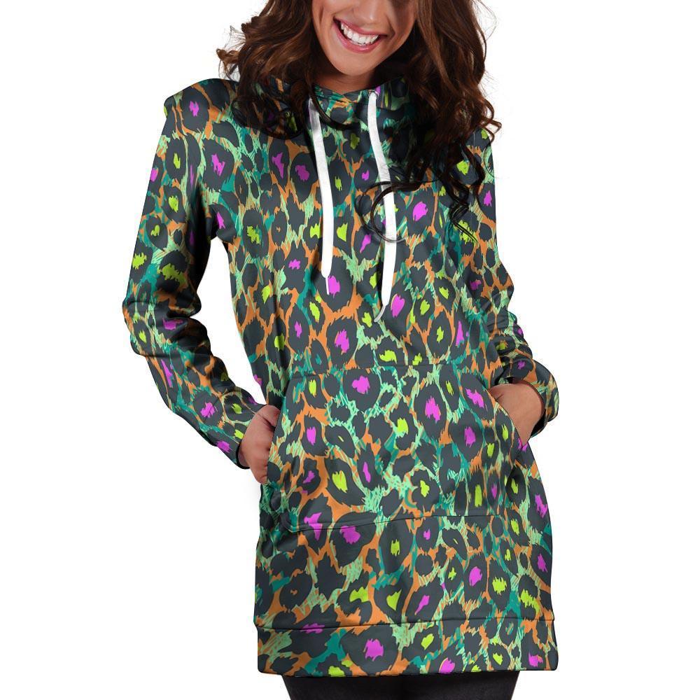 Colorful Neon Leopard Hoodie Dress-grizzshop